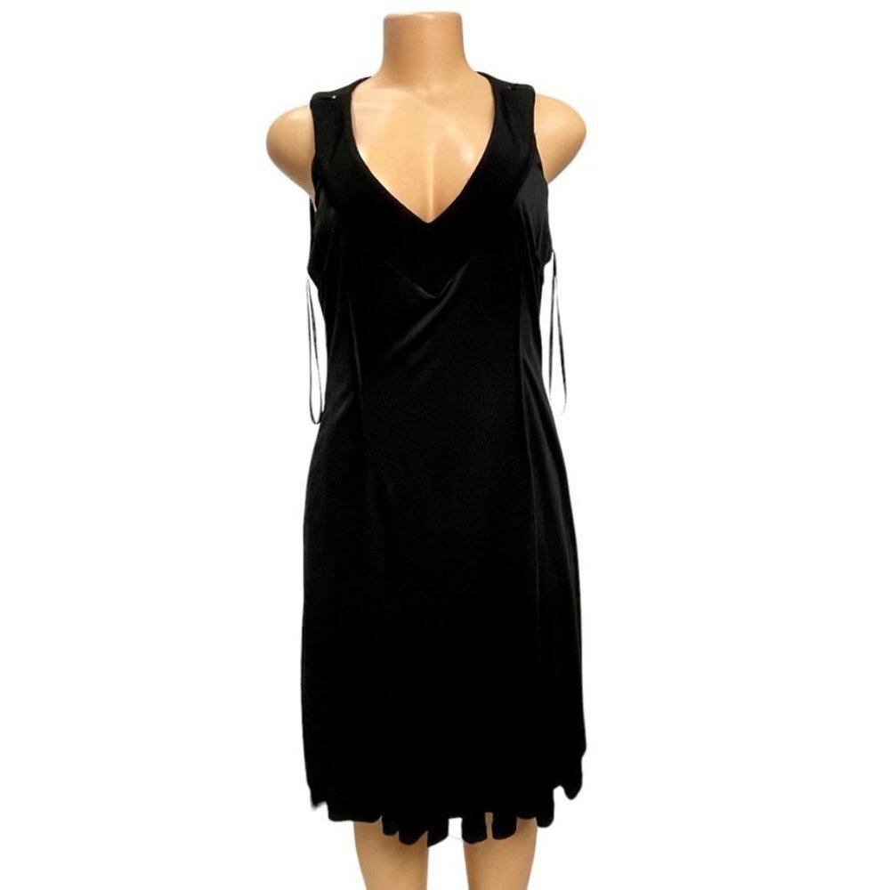 Lauren Ralph Lauren Black Beaded V Neck Pleated A Line Sleeveless Lined Dress 8 - Picture 9 of 14